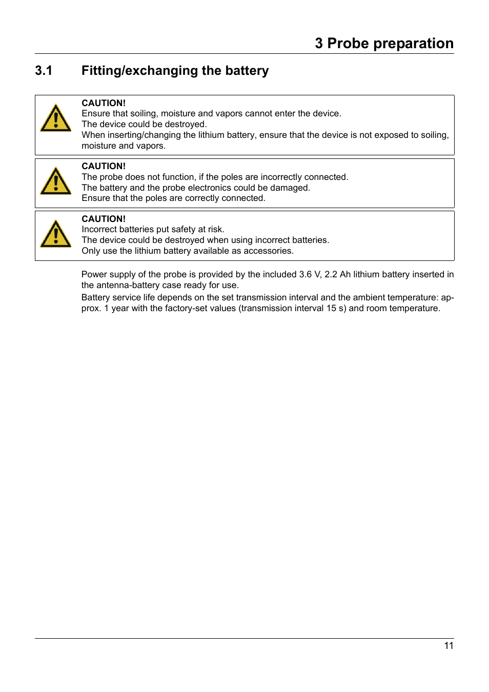 3 probe preparation, 1 fitting/exchanging the battery, Probe preparation | Fitting/exchanging the battery | JUMO 707060 Wtrans B - Programmable Head Transmitter with Radio Transmission Operating Manual User Manual | Page 11 / 44