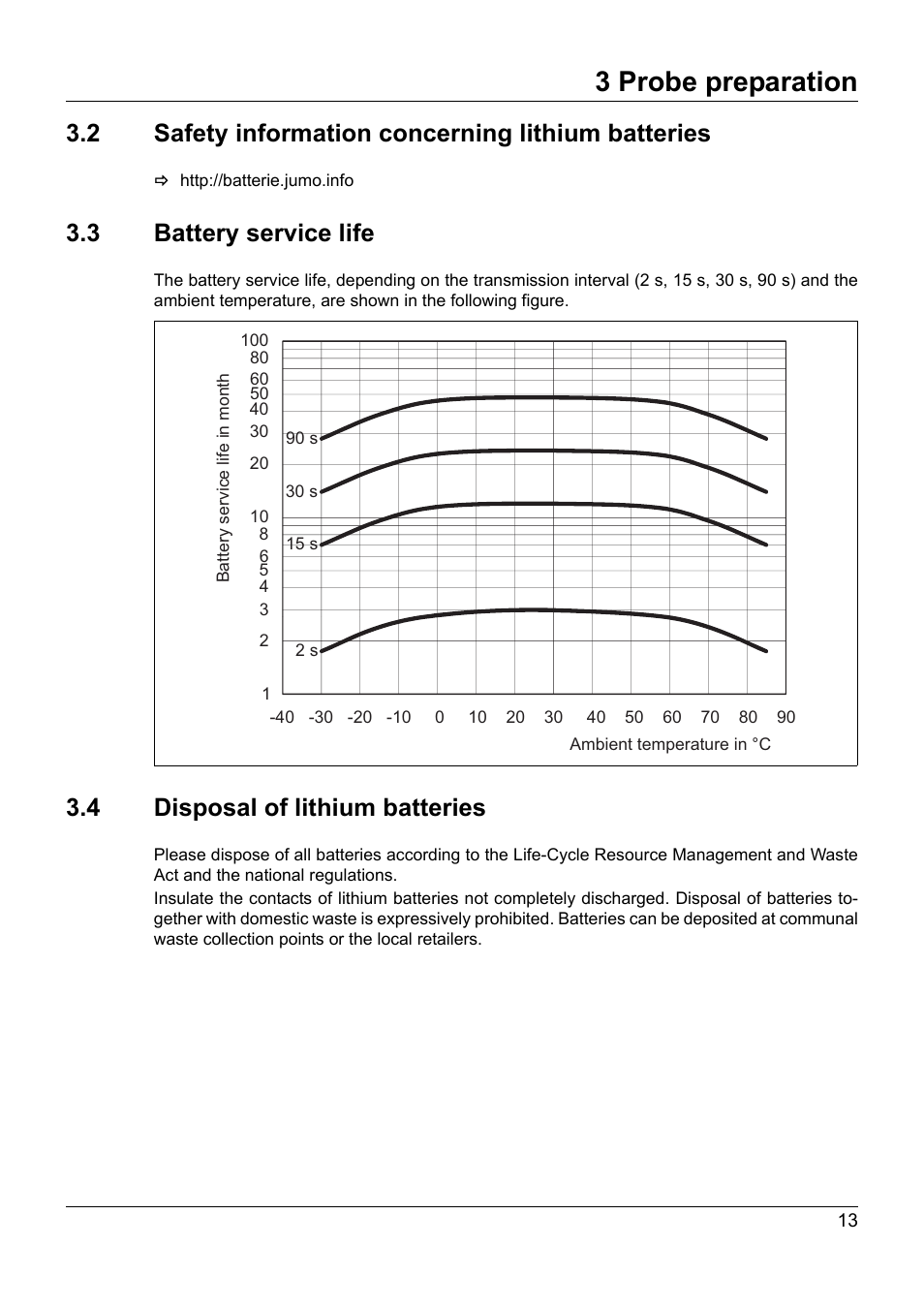 2 safety information concerning lithium batteries, 3 battery service life, 4 disposal of lithium batteries | Safety information concerning lithium batteries, Battery service life, Disposal of lithium batteries, 3 probe preparation | JUMO 707060 Wtrans B - Programmable Head Transmitter with Radio Transmission Operating Manual User Manual | Page 13 / 44