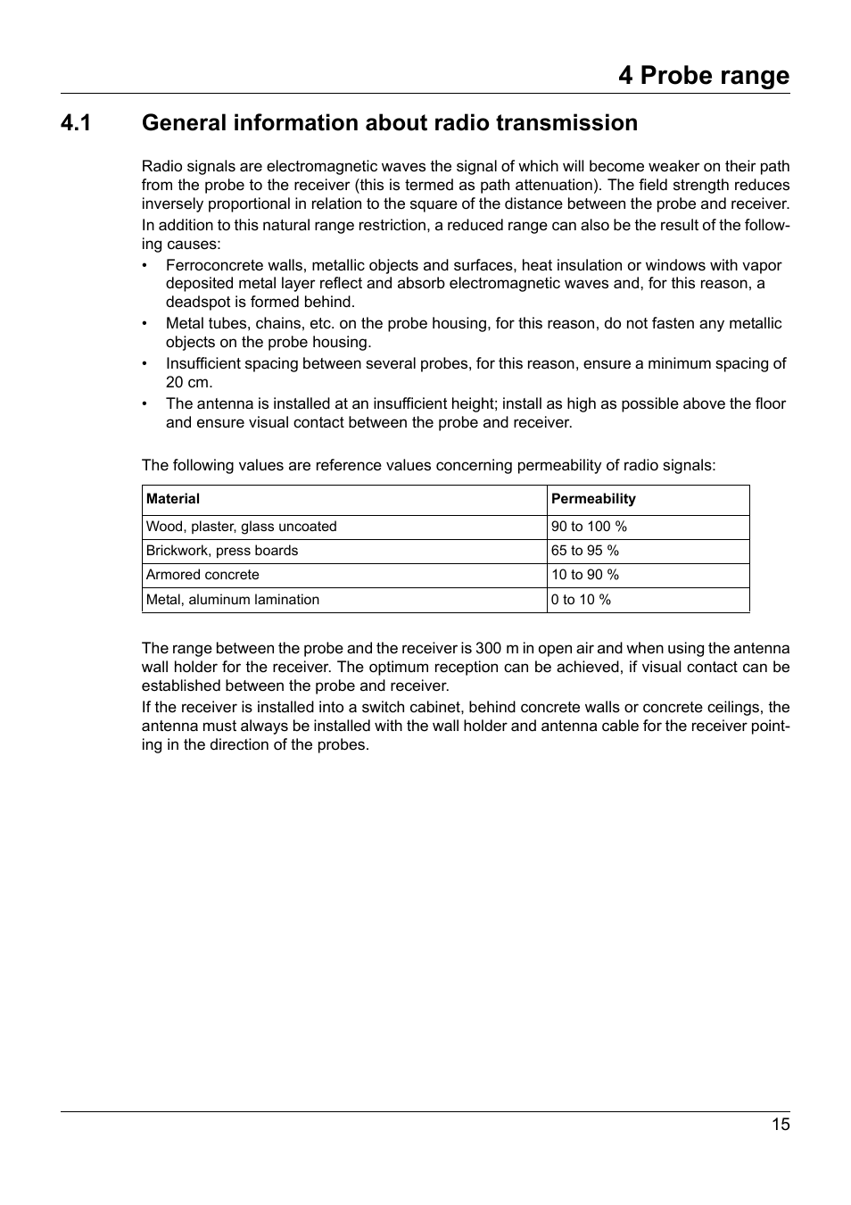 4 probe range, 1 general information about radio transmission, Probe range | General information about radio transmission | JUMO 707060 Wtrans B - Programmable Head Transmitter with Radio Transmission Operating Manual User Manual | Page 15 / 44