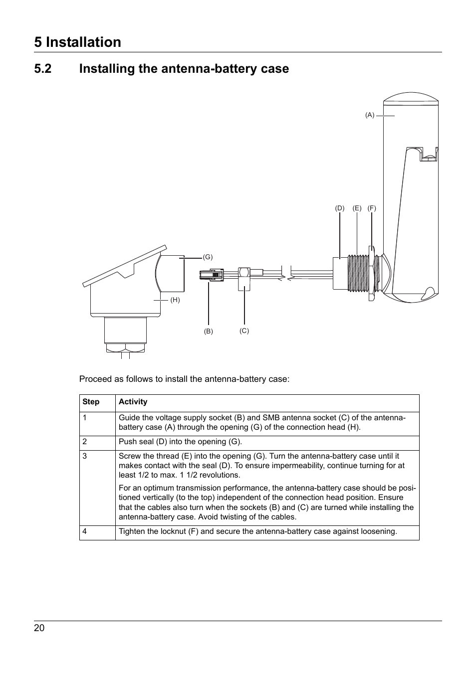 2 installing the antenna-battery case, Installing the antenna-battery case, 5 installation | JUMO 707060 Wtrans B - Programmable Head Transmitter with Radio Transmission Operating Manual User Manual | Page 20 / 44