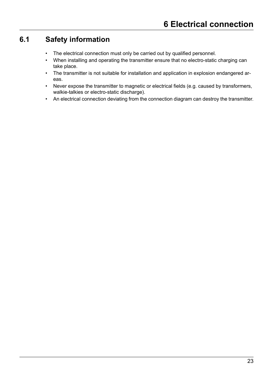 6 electrical connection, 1 safety information, Electrical connection | Safety information | JUMO 707060 Wtrans B - Programmable Head Transmitter with Radio Transmission Operating Manual User Manual | Page 23 / 44