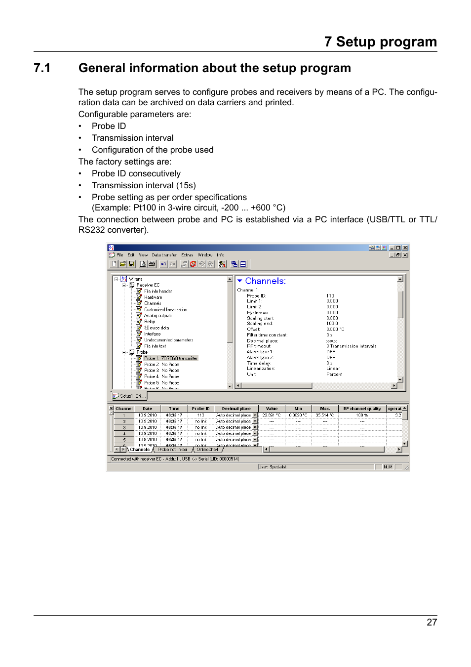 7 setup program, 1 general information about the setup program, Setup program | General information about the setup program | JUMO 707060 Wtrans B - Programmable Head Transmitter with Radio Transmission Operating Manual User Manual | Page 27 / 44