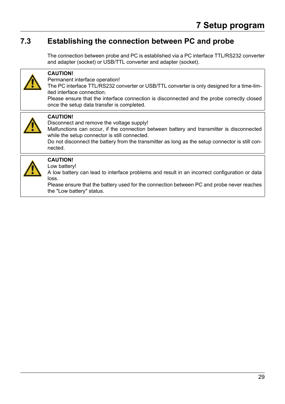 3 establishing the connection between pc and probe, Establishing the connection between pc and probe, 7 setup program | JUMO 707060 Wtrans B - Programmable Head Transmitter with Radio Transmission Operating Manual User Manual | Page 29 / 44