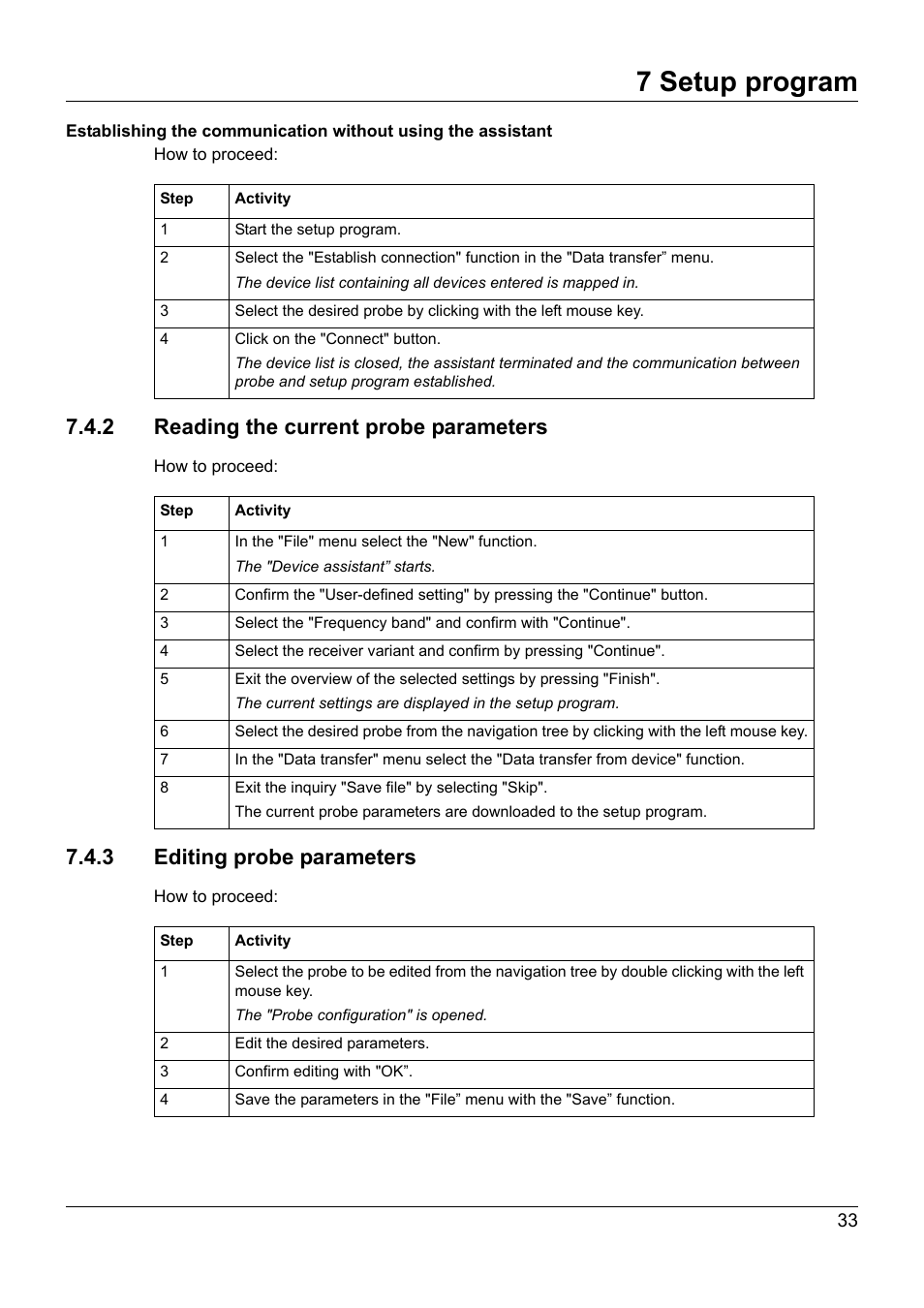 2 reading the current probe parameters, 3 editing probe parameters, 7 setup program | JUMO 707060 Wtrans B - Programmable Head Transmitter with Radio Transmission Operating Manual User Manual | Page 33 / 44