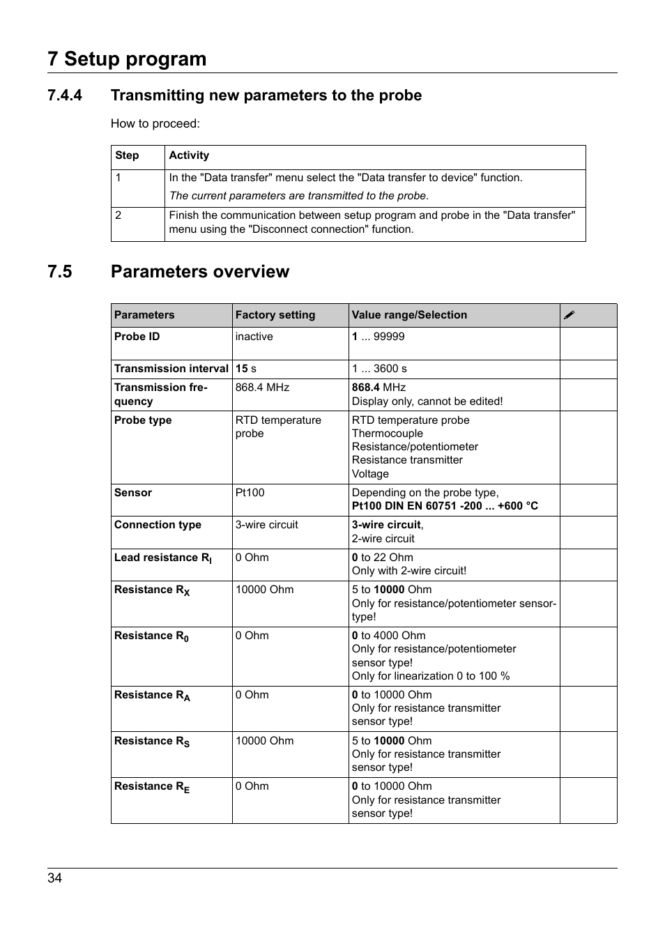 4 transmitting new parameters to the probe, 5 parameters overview, 4 transmitting new parameters to the probe 7.5 | Parameters overview, 7 setup program | JUMO 707060 Wtrans B - Programmable Head Transmitter with Radio Transmission Operating Manual User Manual | Page 34 / 44