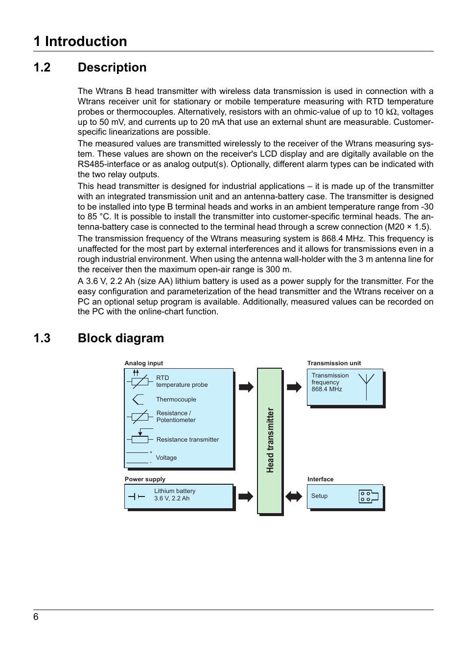 2 description, 3 block diagram, Description | Block diagram, 1 introduction, Head transmitter | JUMO 707060 Wtrans B - Programmable Head Transmitter with Radio Transmission Operating Manual User Manual | Page 6 / 44