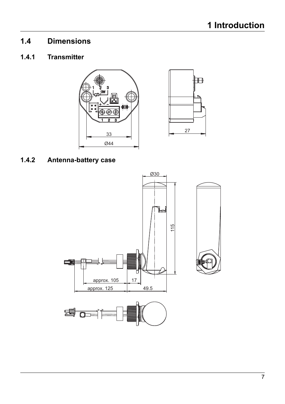 4 dimensions, 1 transmitter, 2 antenna-battery case | Dimensions, 1 transmitter 1.4.2 antenna-battery case, 1 introduction | JUMO 707060 Wtrans B - Programmable Head Transmitter with Radio Transmission Operating Manual User Manual | Page 7 / 44