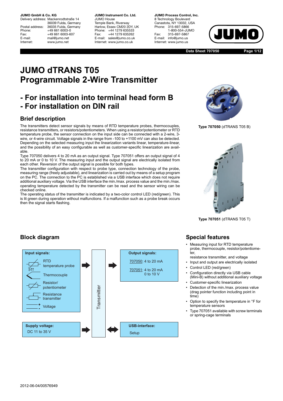 JUMO 707050 dTRANS T05 - Programmable 2-Wire Transmitter Data Sheet User Manual | 12 pages
