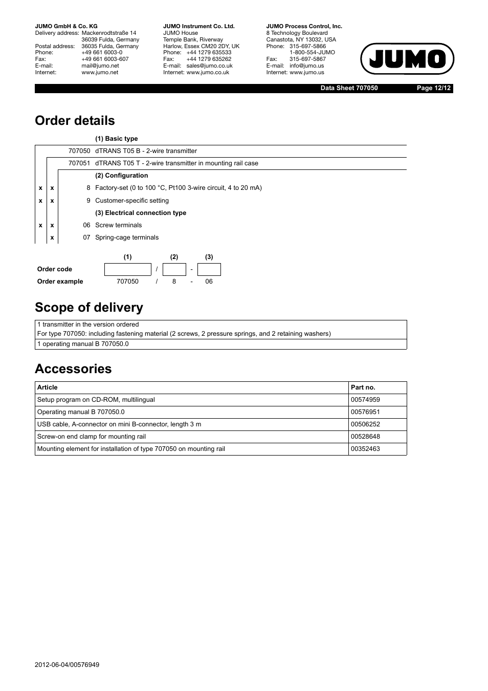 Order details scope of delivery accessories | JUMO 707050 dTRANS T05 - Programmable 2-Wire Transmitter Data Sheet User Manual | Page 12 / 12