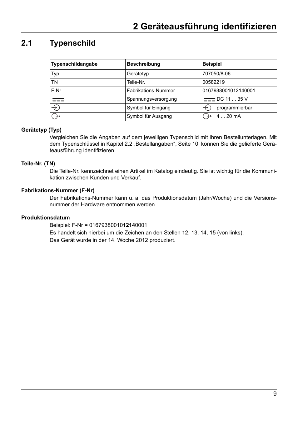 2 geräteausführung identifizieren, 1 typenschild, Geräteausführung identifizieren | Typenschild | JUMO 707050 dTRANS T05 - Programmable 2-Wire Transmitter Operating Manual User Manual | Page 11 / 112