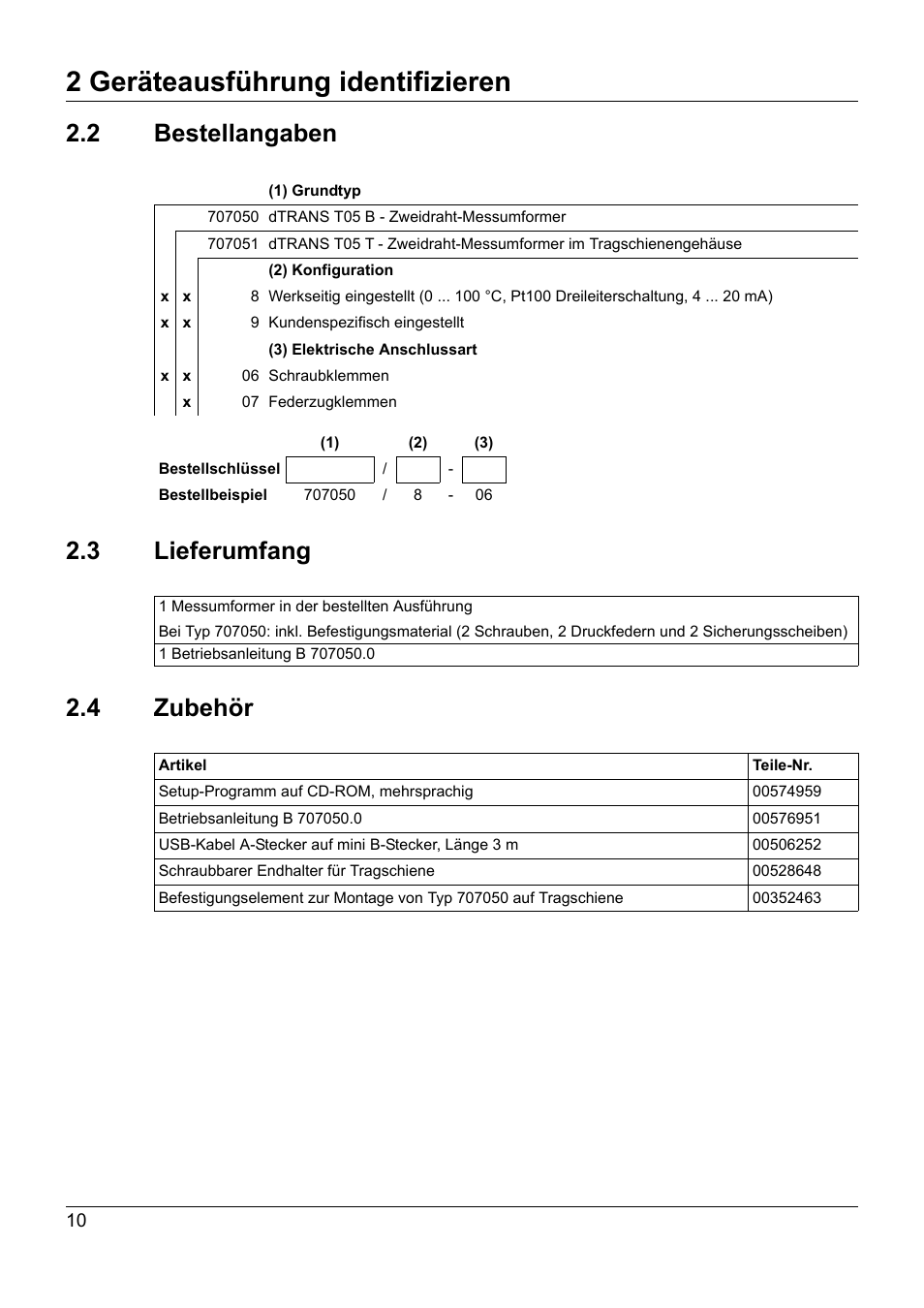 2 bestellangaben, 3 lieferumfang, 4 zubehör | Bestellangaben, Lieferumfang, Zubehör, 2 geräteausführung identifizieren | JUMO 707050 dTRANS T05 - Programmable 2-Wire Transmitter Operating Manual User Manual | Page 12 / 112