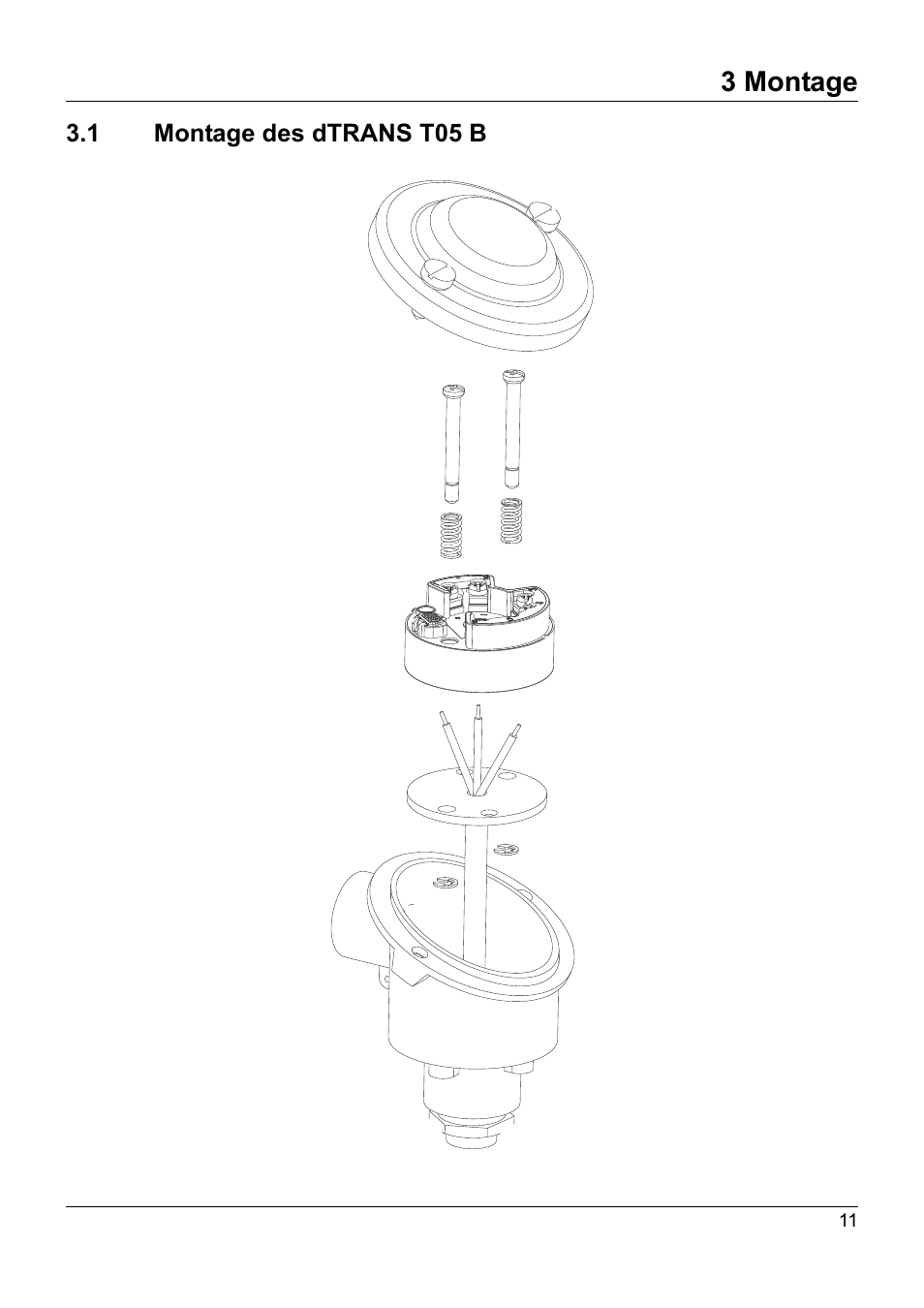3 montage, 1 montage des dtrans t05 b, Montage | Montage des dtrans t05 b | JUMO 707050 dTRANS T05 - Programmable 2-Wire Transmitter Operating Manual User Manual | Page 13 / 112