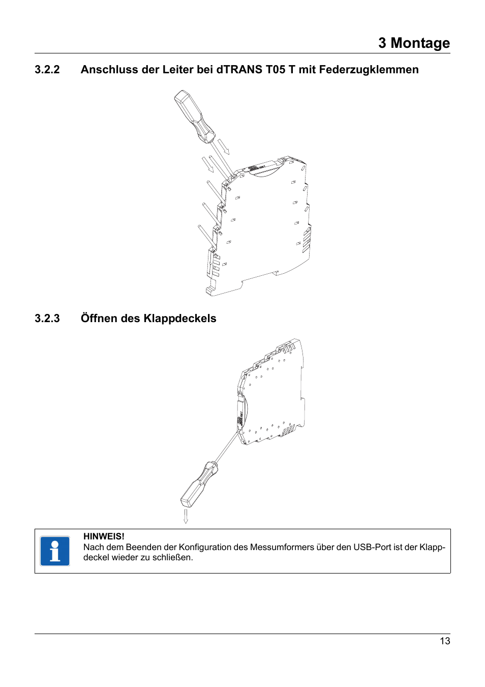 3 öffnen des klappdeckels, 3 montage | JUMO 707050 dTRANS T05 - Programmable 2-Wire Transmitter Operating Manual User Manual | Page 15 / 112