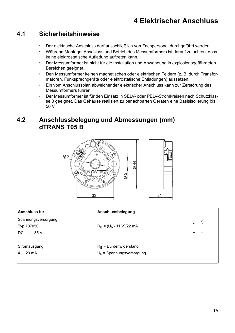 4 elektrischer anschluss, 1 sicherheitshinweise, Elektrischer anschluss | Sicherheitshinweise | JUMO 707050 dTRANS T05 - Programmable 2-Wire Transmitter Operating Manual User Manual | Page 17 / 112