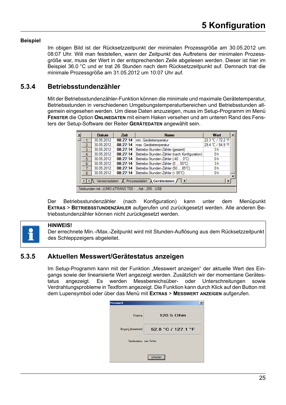 4 betriebsstundenzähler, 5 aktuellen messwert/gerätestatus anzeigen, 5 konfiguration | JUMO 707050 dTRANS T05 - Programmable 2-Wire Transmitter Operating Manual User Manual | Page 27 / 112