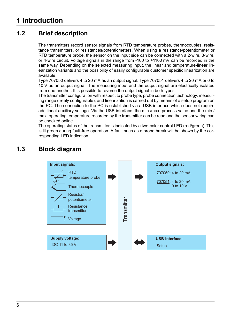 2 brief description, 3 block diagram, Brief description | Block diagram, 1 introduction | JUMO 707050 dTRANS T05 - Programmable 2-Wire Transmitter Operating Manual User Manual | Page 44 / 112