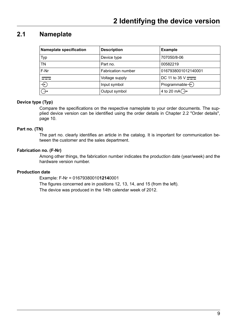 2 identifying the device version, 1 nameplate, Identifying the device version | Nameplate | JUMO 707050 dTRANS T05 - Programmable 2-Wire Transmitter Operating Manual User Manual | Page 47 / 112