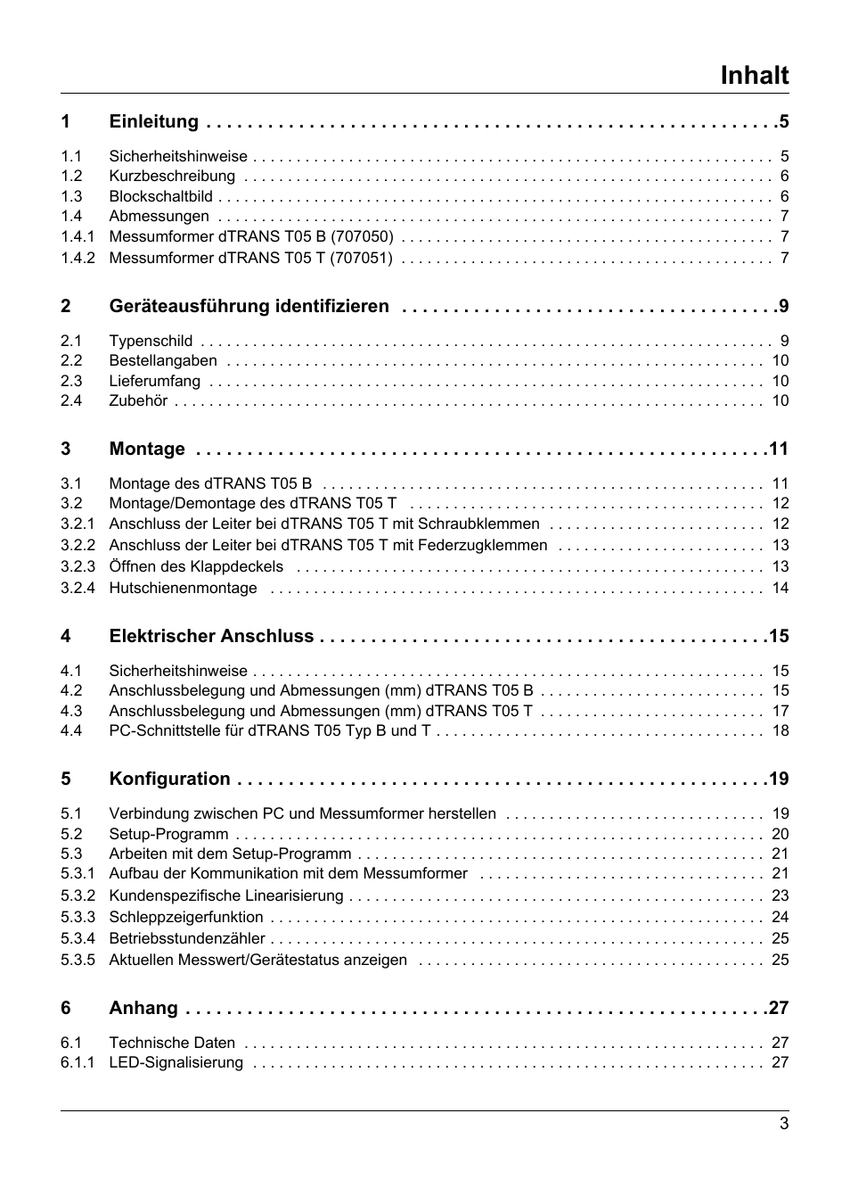 Inhalt | JUMO 707050 dTRANS T05 - Programmable 2-Wire Transmitter Operating Manual User Manual | Page 5 / 112