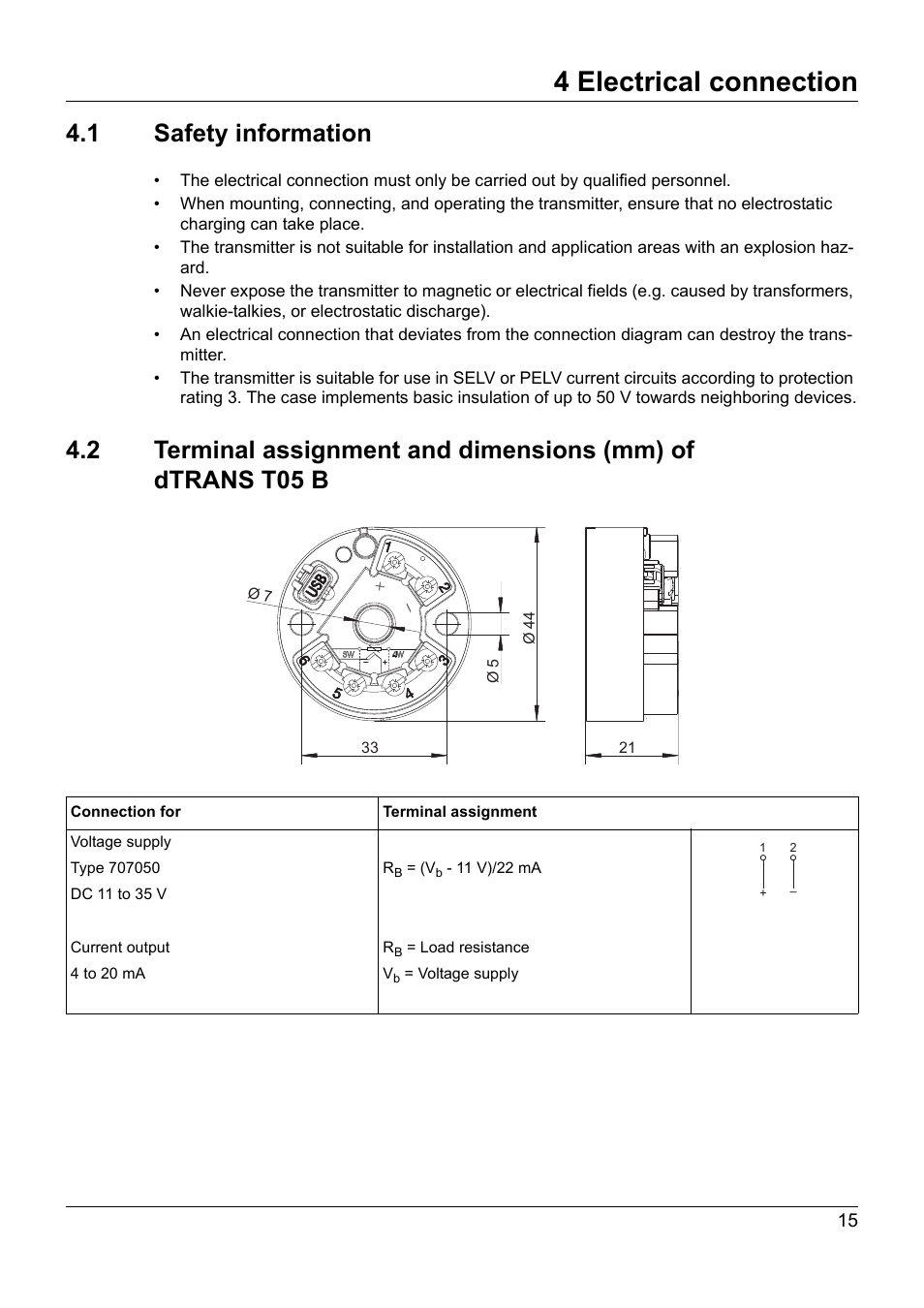 4 electrical connection, 1 safety information, Electrical connection | Safety information | JUMO 707050 dTRANS T05 - Programmable 2-Wire Transmitter Operating Manual User Manual | Page 53 / 112