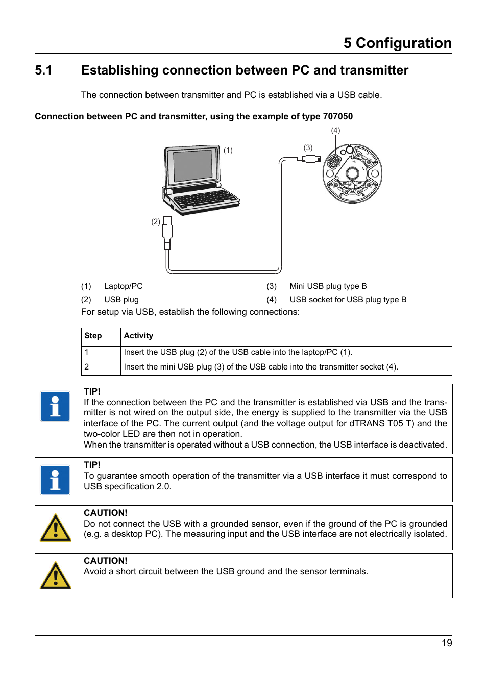 5 configuration, Configuration, Establishing connection between pc and transmitter | JUMO 707050 dTRANS T05 - Programmable 2-Wire Transmitter Operating Manual User Manual | Page 57 / 112