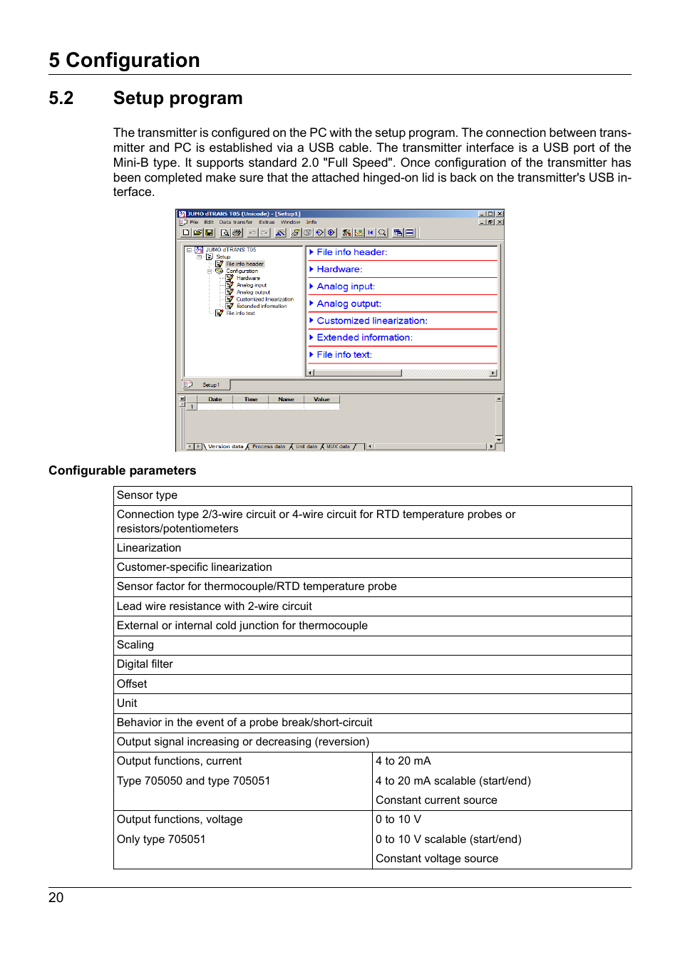 2 setup program, Setup program, 5 configuration | JUMO 707050 dTRANS T05 - Programmable 2-Wire Transmitter Operating Manual User Manual | Page 58 / 112
