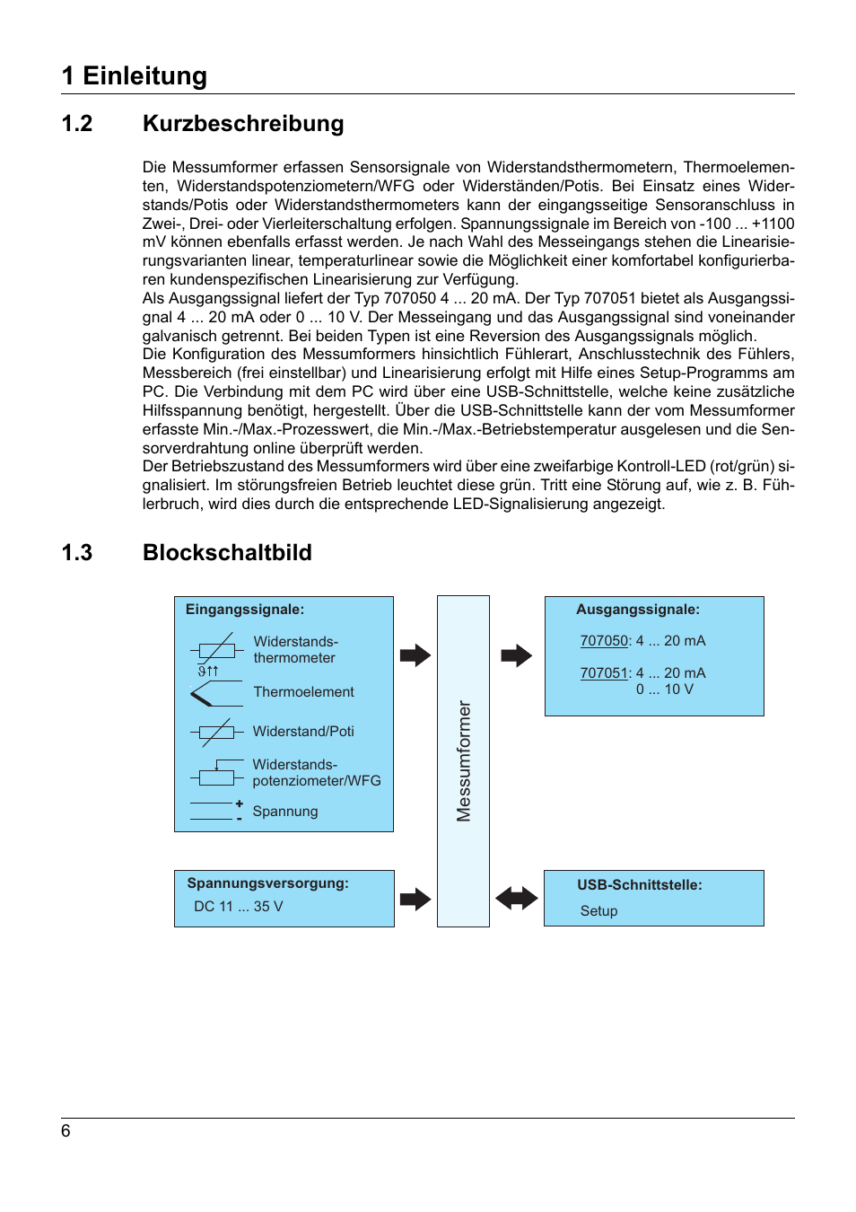2 kurzbeschreibung, 3 blockschaltbild, Kurzbeschreibung | Blockschaltbild, 1 einleitung | JUMO 707050 dTRANS T05 - Programmable 2-Wire Transmitter Operating Manual User Manual | Page 8 / 112