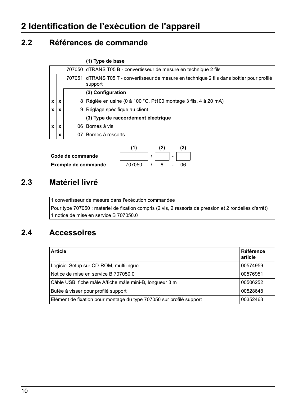 2 références de commande, 3 matériel livré, 4 accessoires | Références de commande, Matériel livré, Accessoires, 2 identification de l'exécution de l'appareil | JUMO 707050 dTRANS T05 - Programmable 2-Wire Transmitter Operating Manual User Manual | Page 84 / 112