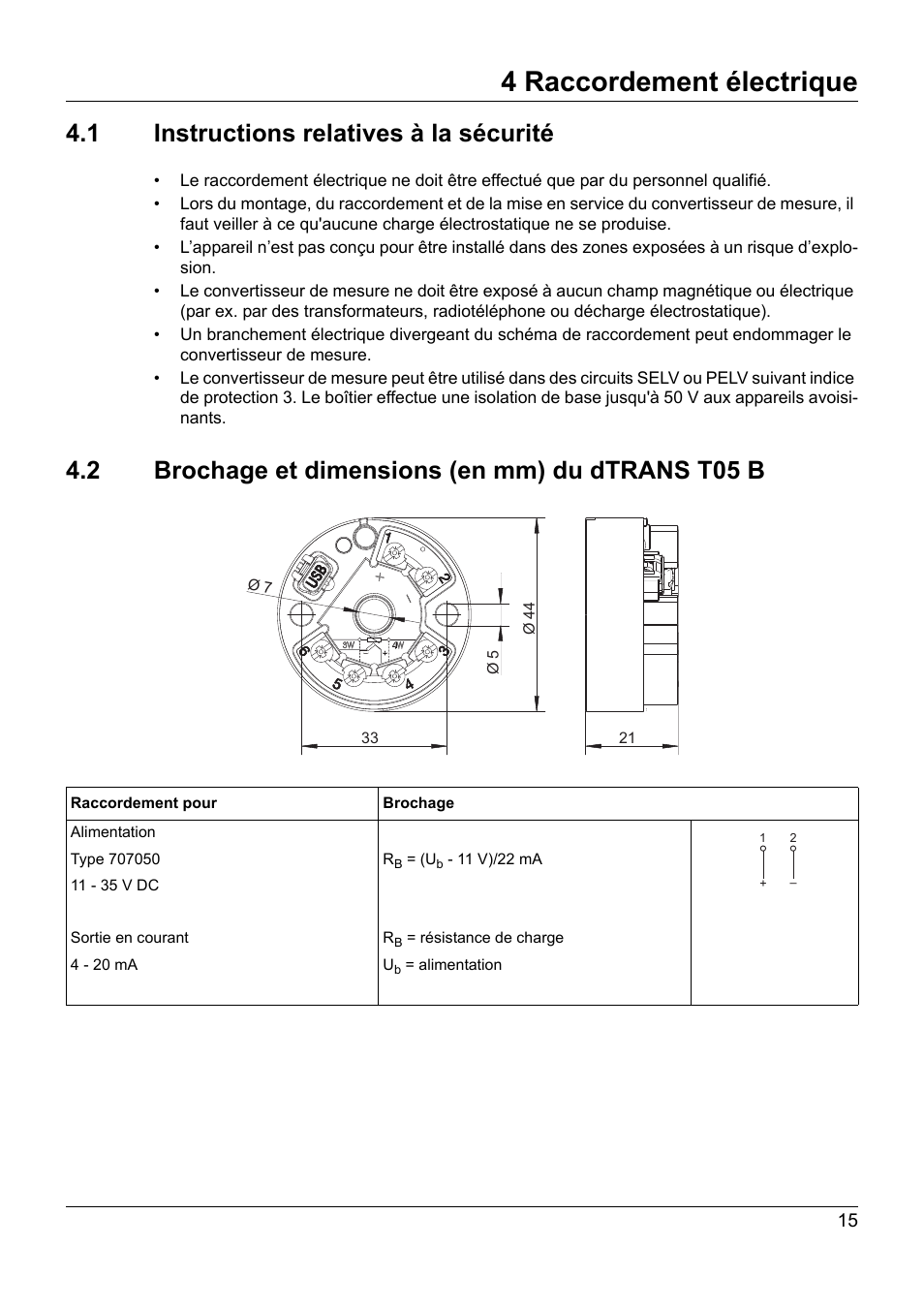 4 raccordement électrique, 1 instructions relatives à la sécurité, 2 brochage et dimensions (en mm) du dtrans t05 b | Raccordement électrique, Instructions relatives à la sécurité, Brochage et dimensions (en mm) du dtrans t05 b | JUMO 707050 dTRANS T05 - Programmable 2-Wire Transmitter Operating Manual User Manual | Page 89 / 112