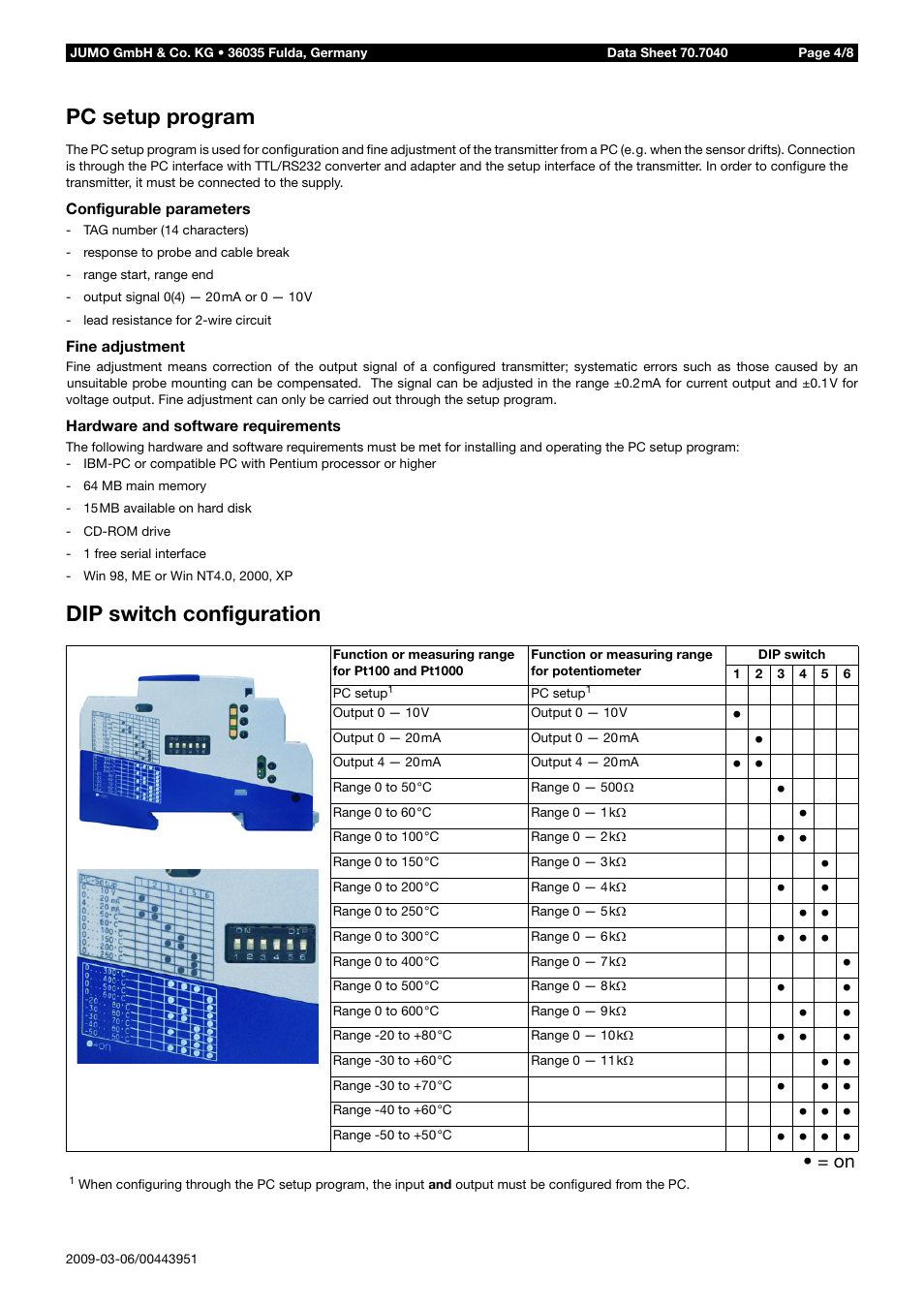 Pc setup program, Dip switch configuration | JUMO 707040 dTRANS T04 - 4-Wire Transmitter Data Sheet User Manual | Page 4 / 8