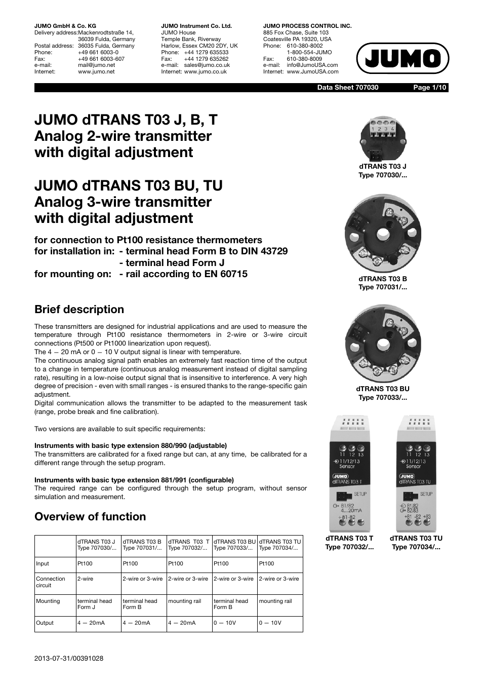 JUMO 707030 dTRANS T03 2-Wire/3-Wire Transmitter Data Sheet User Manual | 10 pages