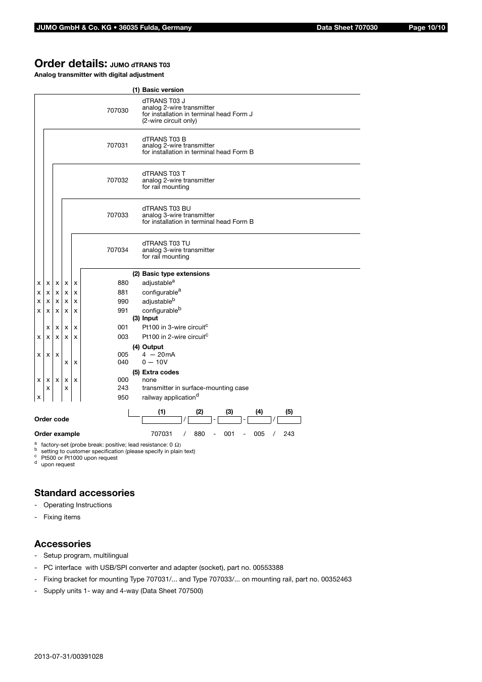 Order details, Standard accessories, Accessories | JUMO 707030 dTRANS T03 2-Wire/3-Wire Transmitter Data Sheet User Manual | Page 10 / 10