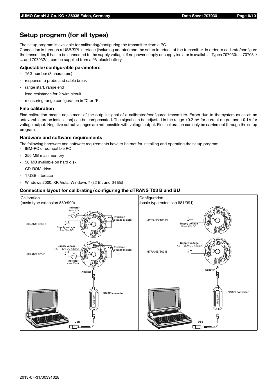 Setup program (for all types), Adjustable/configurable parameters, Fine calibration | Hardware and software requirements | JUMO 707030 dTRANS T03 2-Wire/3-Wire Transmitter Data Sheet User Manual | Page 6 / 10