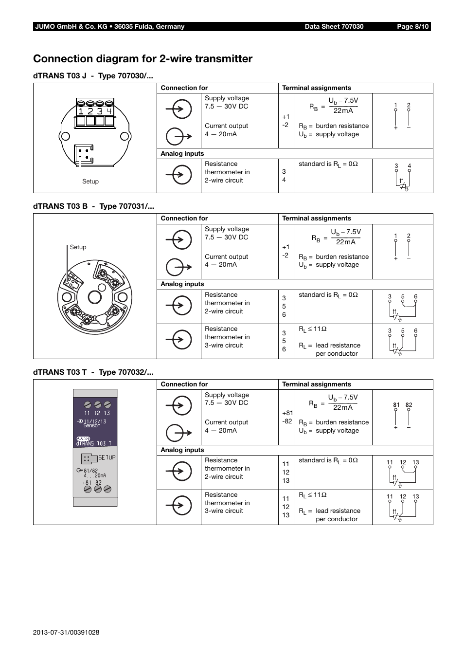 Connection diagram for 2-wire transmitter | JUMO 707030 dTRANS T03 2-Wire/3-Wire Transmitter Data Sheet User Manual | Page 8 / 10