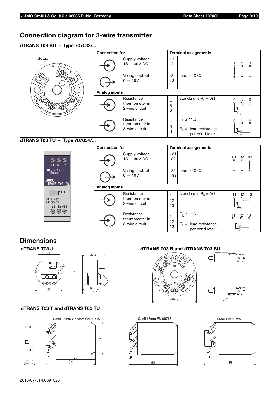 Connection diagram for 3-wire transmitter, Dimensions | JUMO 707030 dTRANS T03 2-Wire/3-Wire Transmitter Data Sheet User Manual | Page 9 / 10