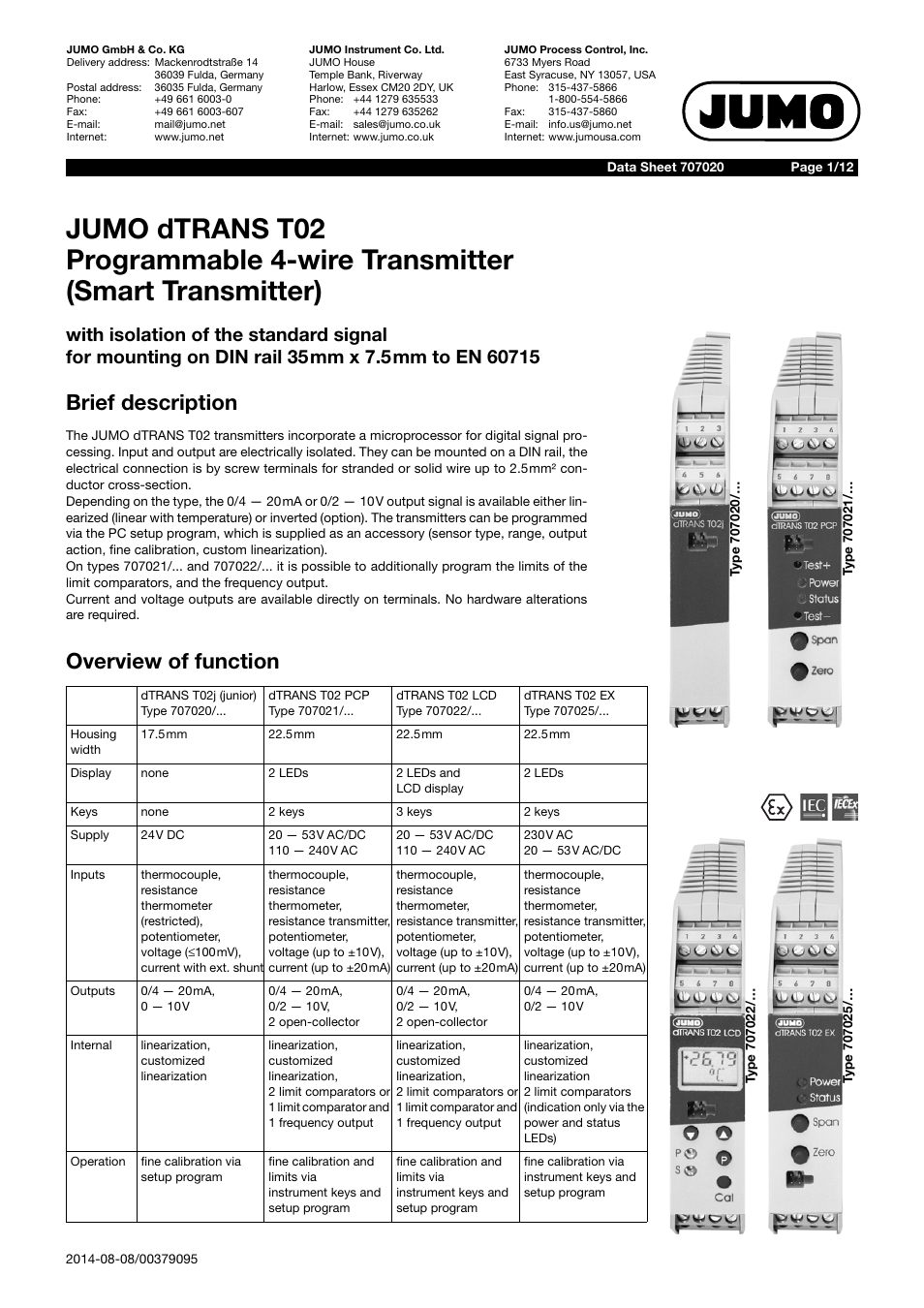 JUMO 707020 dTRANS T02 - Four-Wire Transmitter Data Sheet User Manual | 12 pages