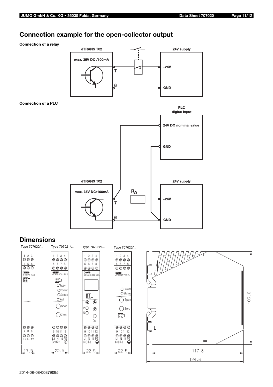 Connection example for the open-collector output, Dimensions | JUMO 707020 dTRANS T02 - Four-Wire Transmitter Data Sheet User Manual | Page 11 / 12