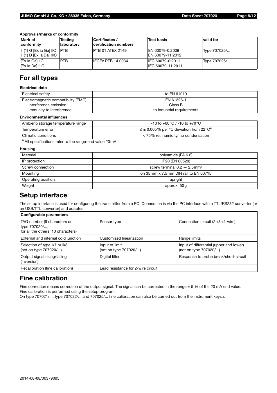 For all types, Setup interface, Fine calibration | JUMO 707020 dTRANS T02 - Four-Wire Transmitter Data Sheet User Manual | Page 8 / 12
