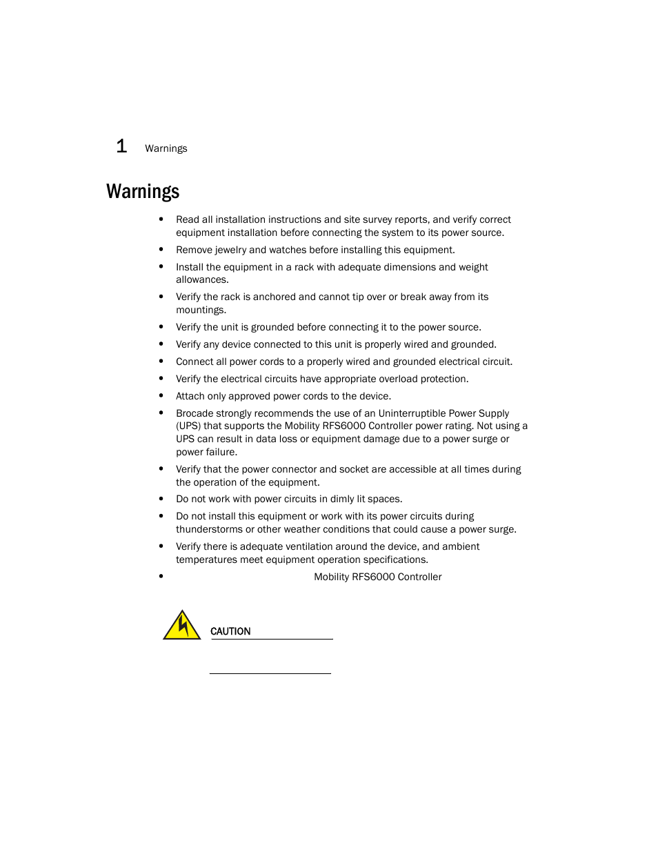 Warnings | Brocade Mobility RFS6000 Controller Installation Guide User Manual | Page 10 / 36