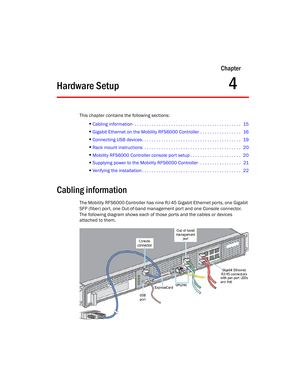 Hardware setup, Cabling information, 4 hardware setup | Brocade Mobility RFS6000 Controller Installation Guide User Manual | Page 23 / 36