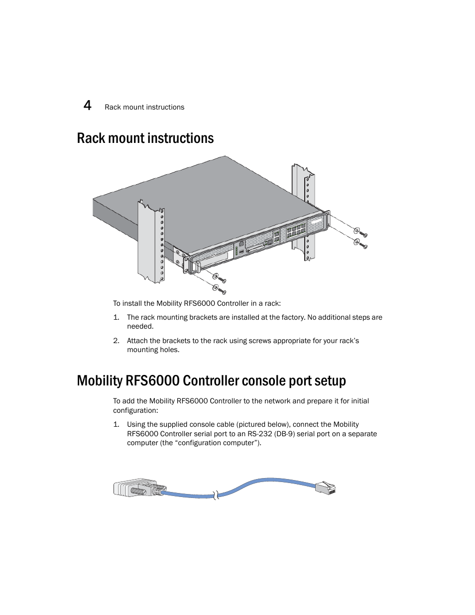 Rack mount instructions, Mobility rfs6000 controller console port setup | Brocade Mobility RFS6000 Controller Installation Guide User Manual | Page 28 / 36