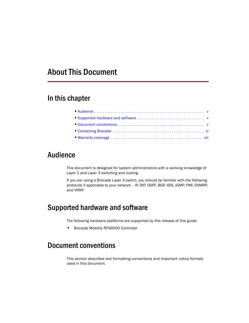 About this document, Audience, Supported hardware and software | Document conventions | Brocade Mobility RFS6000 Controller Installation Guide User Manual | Page 5 / 36