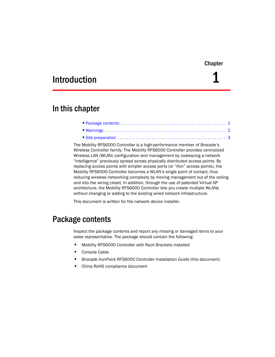 Introduction, Package contents, 1 introduction | Brocade Mobility RFS6000 Controller Installation Guide User Manual | Page 9 / 36