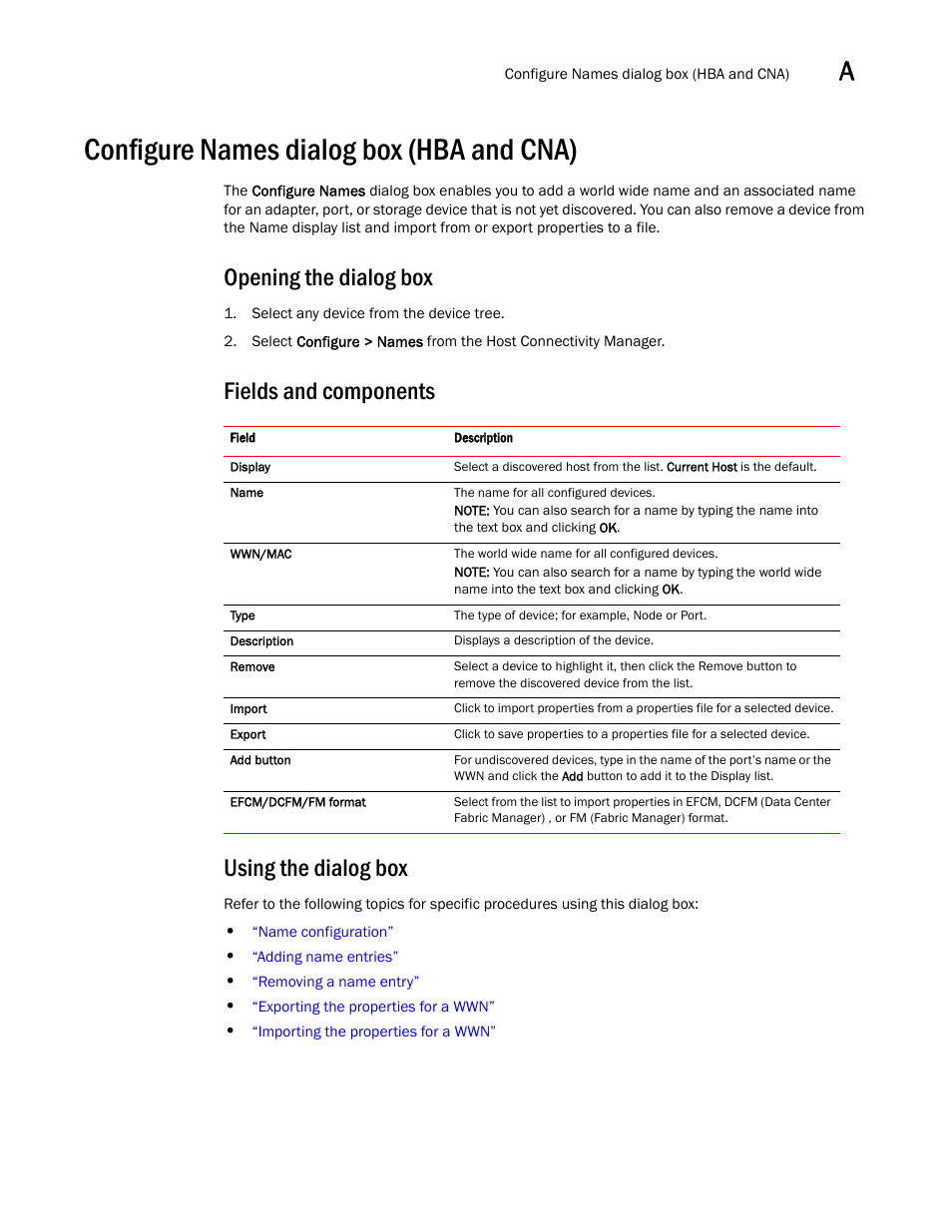 Configure names dialog box (hba and cna), Opening the dialog box, Fields and components using the dialog box | Brocade Communications Systems CNA User Manual | Page 107 / 228