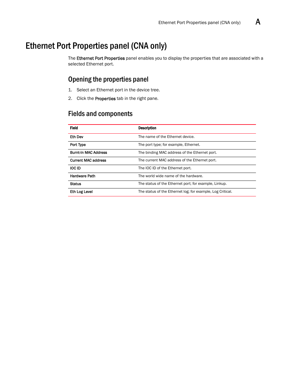 Ethernet port properties panel (cna only), Opening the properties panel, Fields and components | Brocade Communications Systems CNA User Manual | Page 111 / 228