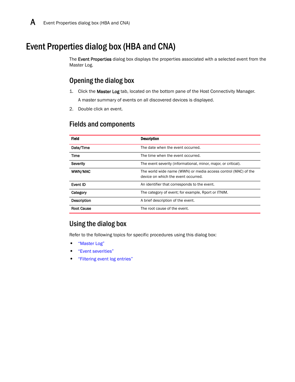 Event properties dialog box (hba and cna), Opening the dialog box, Fields and components using the dialog box | Brocade Communications Systems CNA User Manual | Page 114 / 228