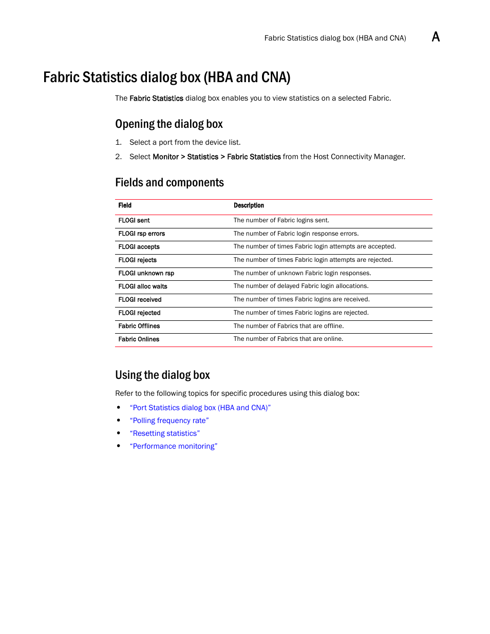 Fabric statistics dialog box (hba and cna), Opening the dialog box, Fields and components using the dialog box | Brocade Communications Systems CNA User Manual | Page 115 / 228