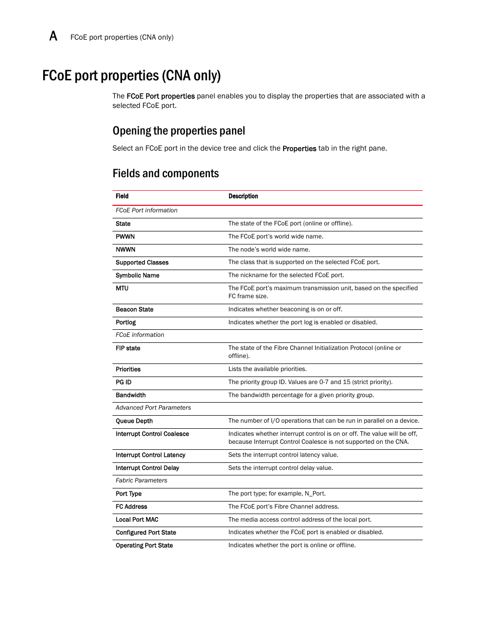 Fcoe port properties (cna only), Opening the properties panel, Fields and components | Brocade Communications Systems CNA User Manual | Page 116 / 228