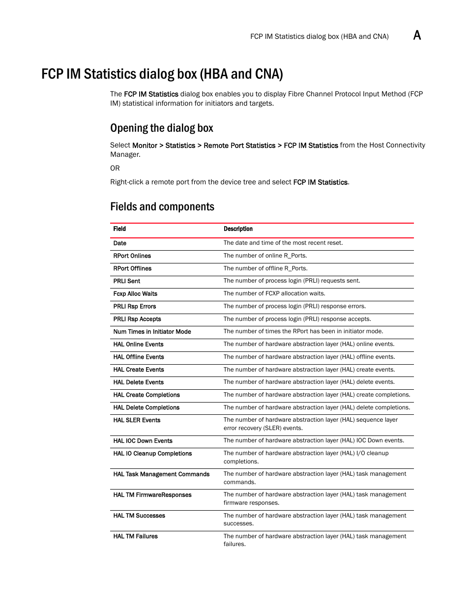 Fcp im statistics dialog box (hba and cna), Opening the dialog box, Fields and components | Brocade Communications Systems CNA User Manual | Page 119 / 228