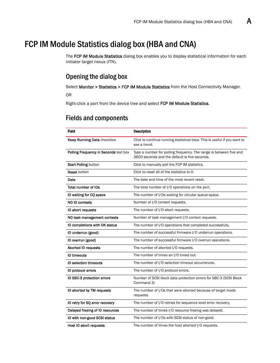 Fcp im module statistics dialog box (hba and cna), Opening the dialog box, Fields and components | Brocade Communications Systems CNA User Manual | Page 121 / 228
