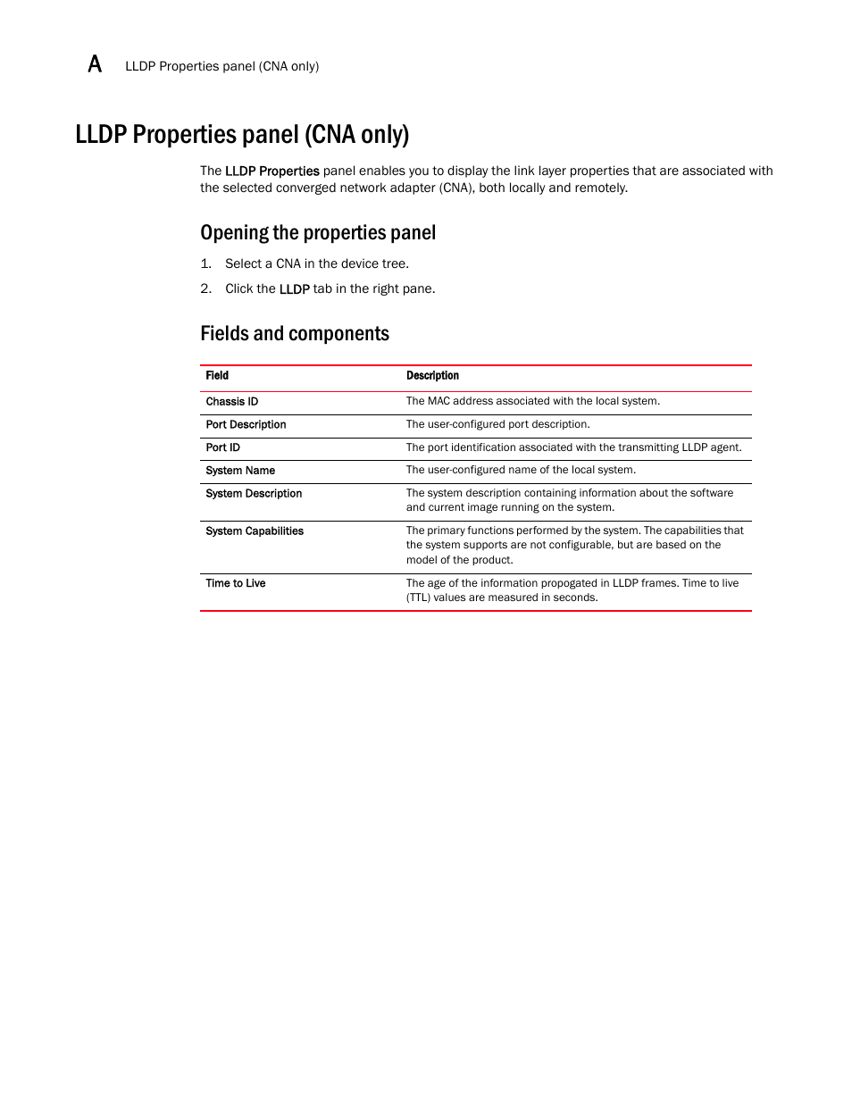 Lldp properties panel (cna only), Opening the properties panel, Fields and components | Brocade Communications Systems CNA User Manual | Page 130 / 228